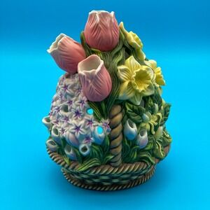 Y2K Partylite Spring Flower Basket Ceramic Tealight Candle Holder Retired